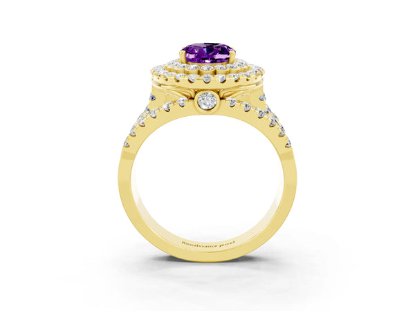 Yellow gold Oval Cut Amethyst Double Halo Ring with Round Pavé Split Shank and Prong Setting