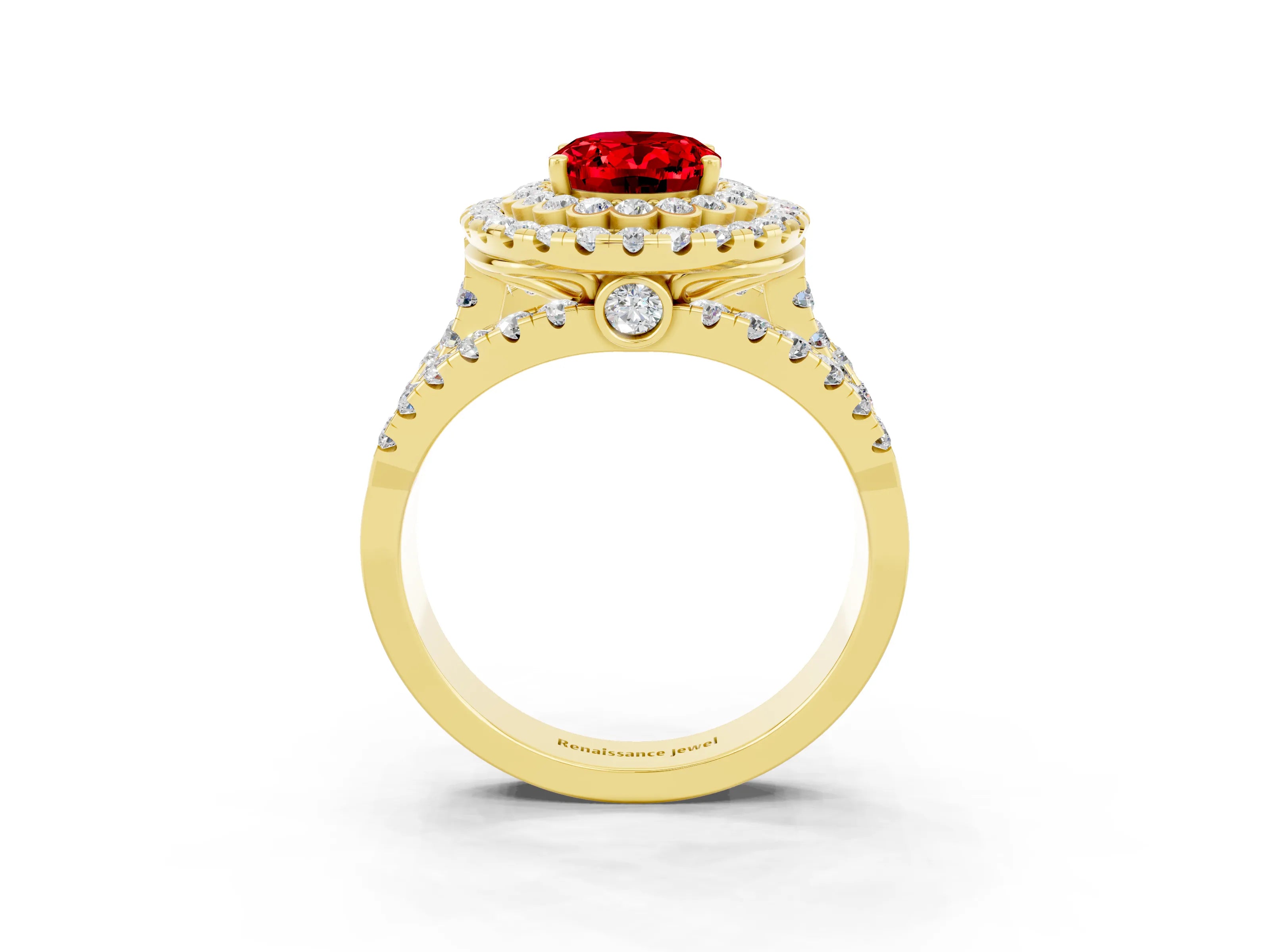 Yellow gold Double Halo Oval Cut Diamond Split Shank Pave Set Ring_3
