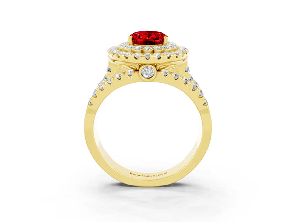 Yellow gold Double Halo Oval Cut Diamond Split Shank Pave Set Ring