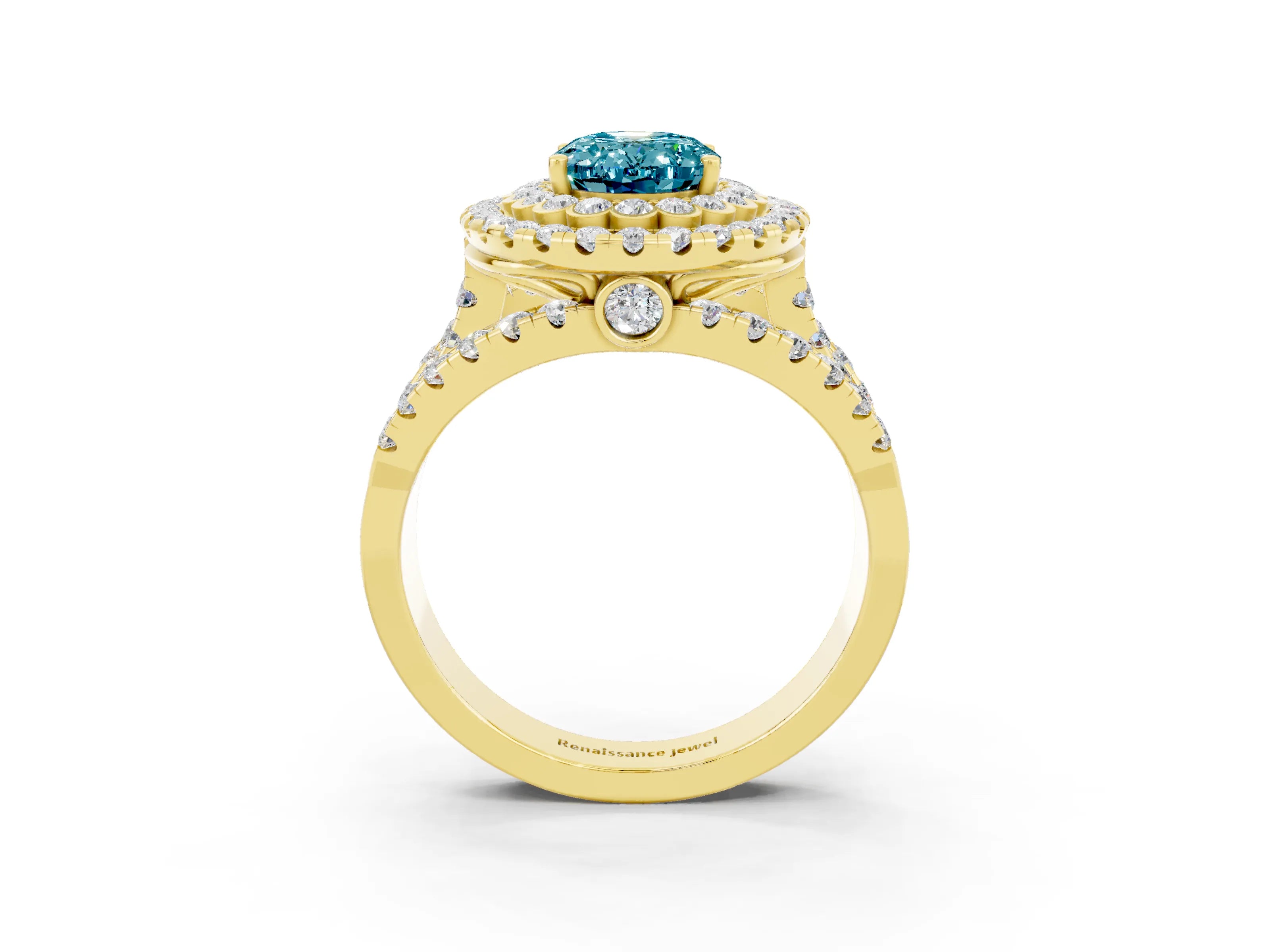 Yellow gold Double Halo Oval Cut Diamond Split Shank Pave Set Ring_3