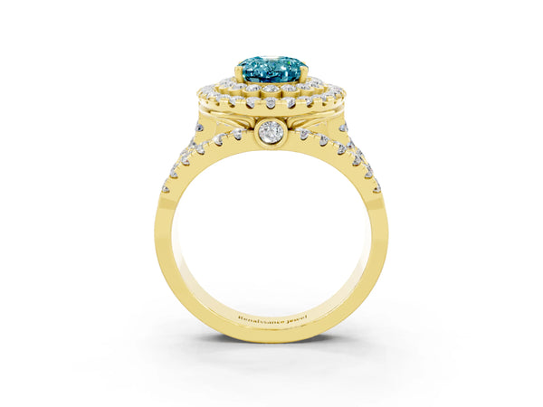 Yellow gold Double Halo Oval Cut Diamond Split Shank Pave Set Ring