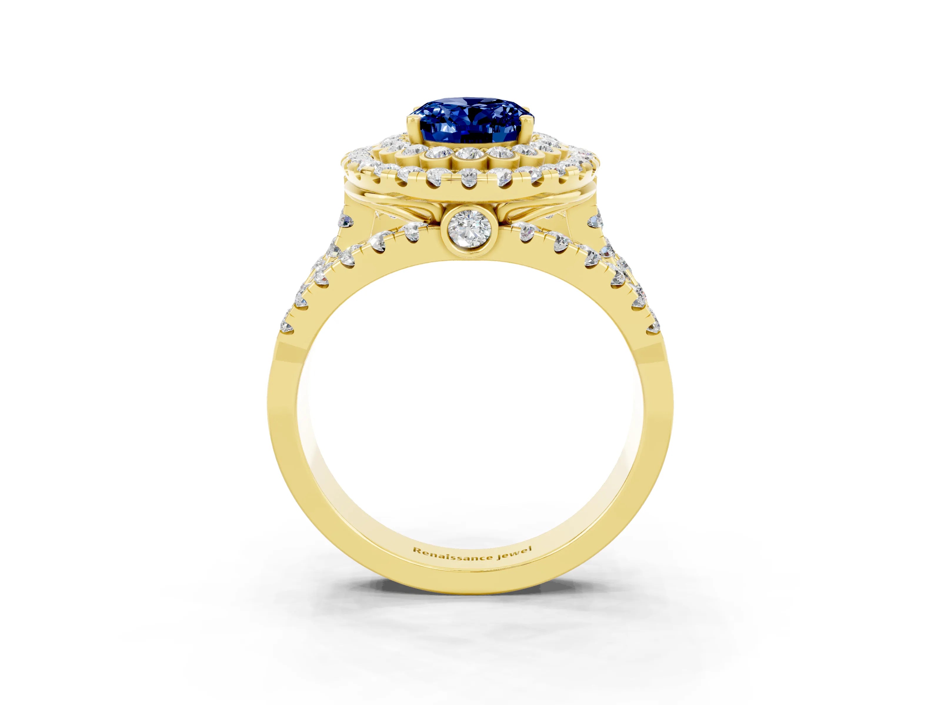 Yellow gold Double Halo Oval Cut Diamond Split Shank Pave Set Ring_3