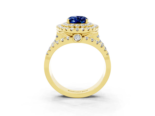 Yellow gold Double Halo Oval Cut Diamond Split Shank Pave Set Ring