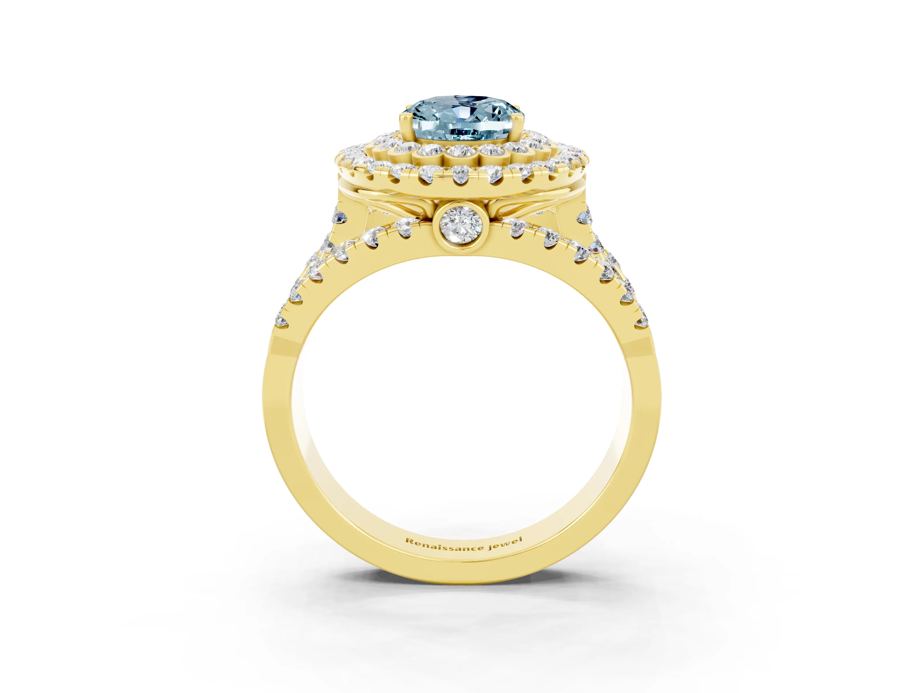 Yellow gold Double Halo Oval Cut Diamond Split Shank Pave Set Ring_3