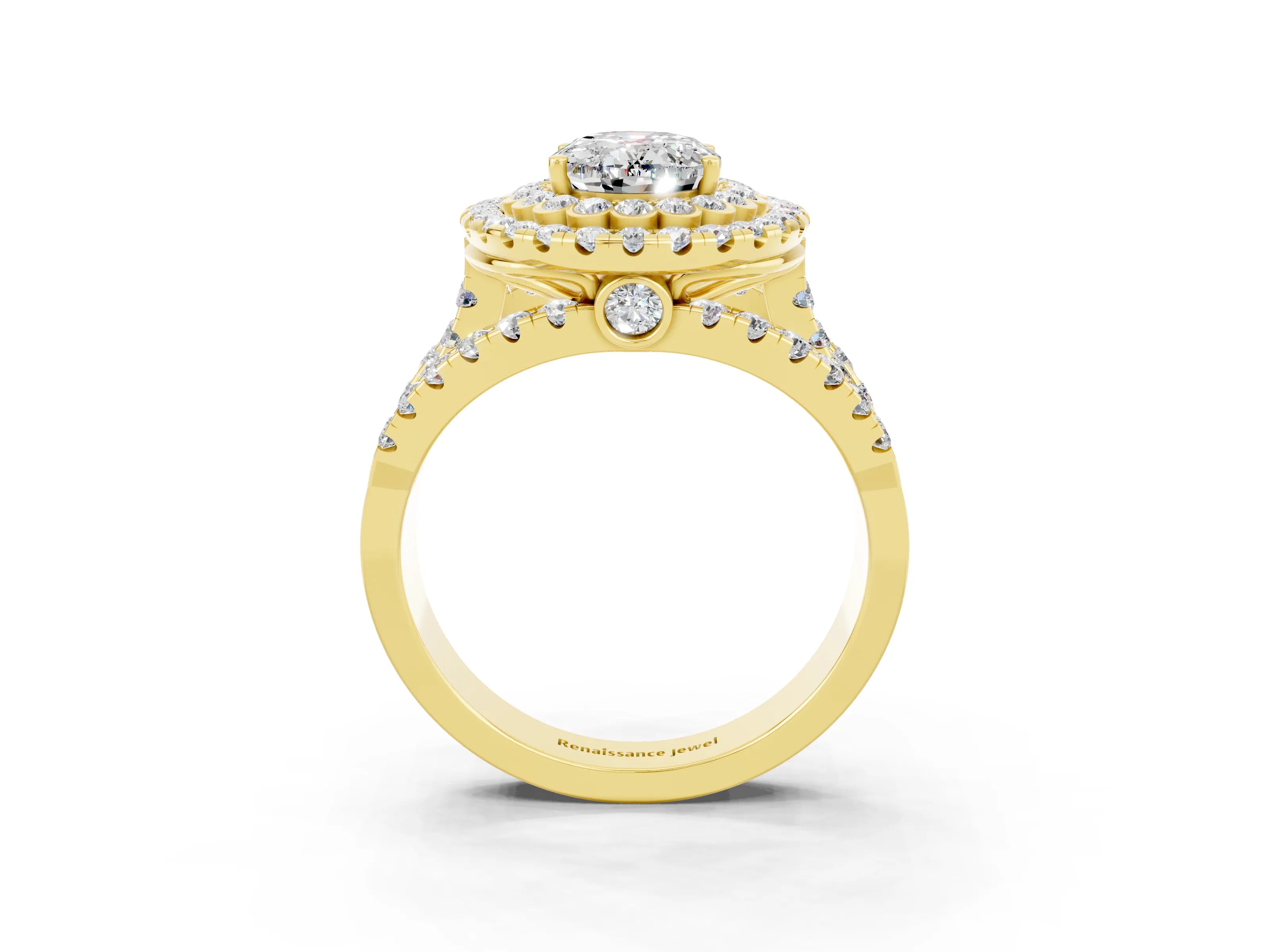 Yellow gold Double Halo Oval Cut Diamond Split Shank Pave Set Ring_3