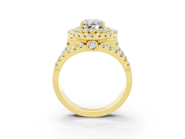 Yellow gold Oval Cut Moissanite Double Halo Ring with Round Pavé Split Shank and Prong Setting