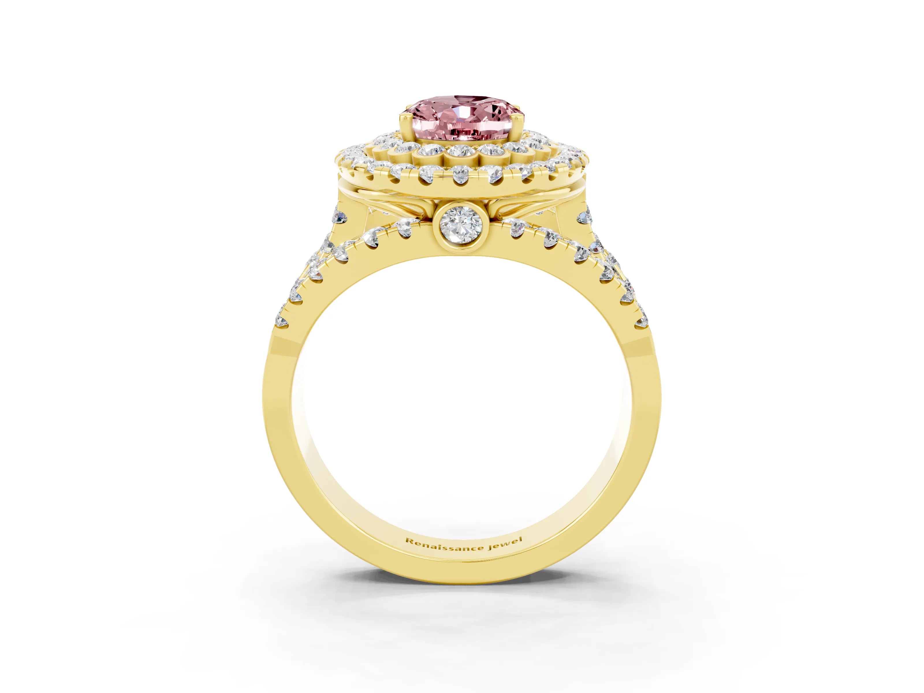 Yellow gold Double Halo Oval Cut Diamond Split Shank Pave Set Ring_3