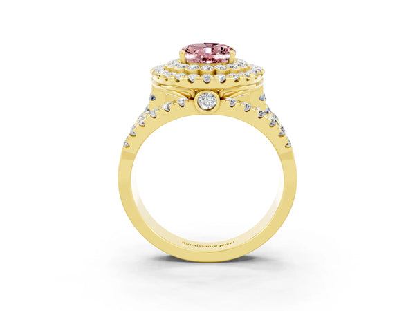 Yellow gold Double Halo Oval Cut Diamond Split Shank Pave Set Ring