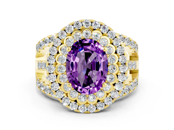 Yellow gold Oval Cut Amethyst Double Halo Ring with Round Pavé Split Shank and Prong Setting