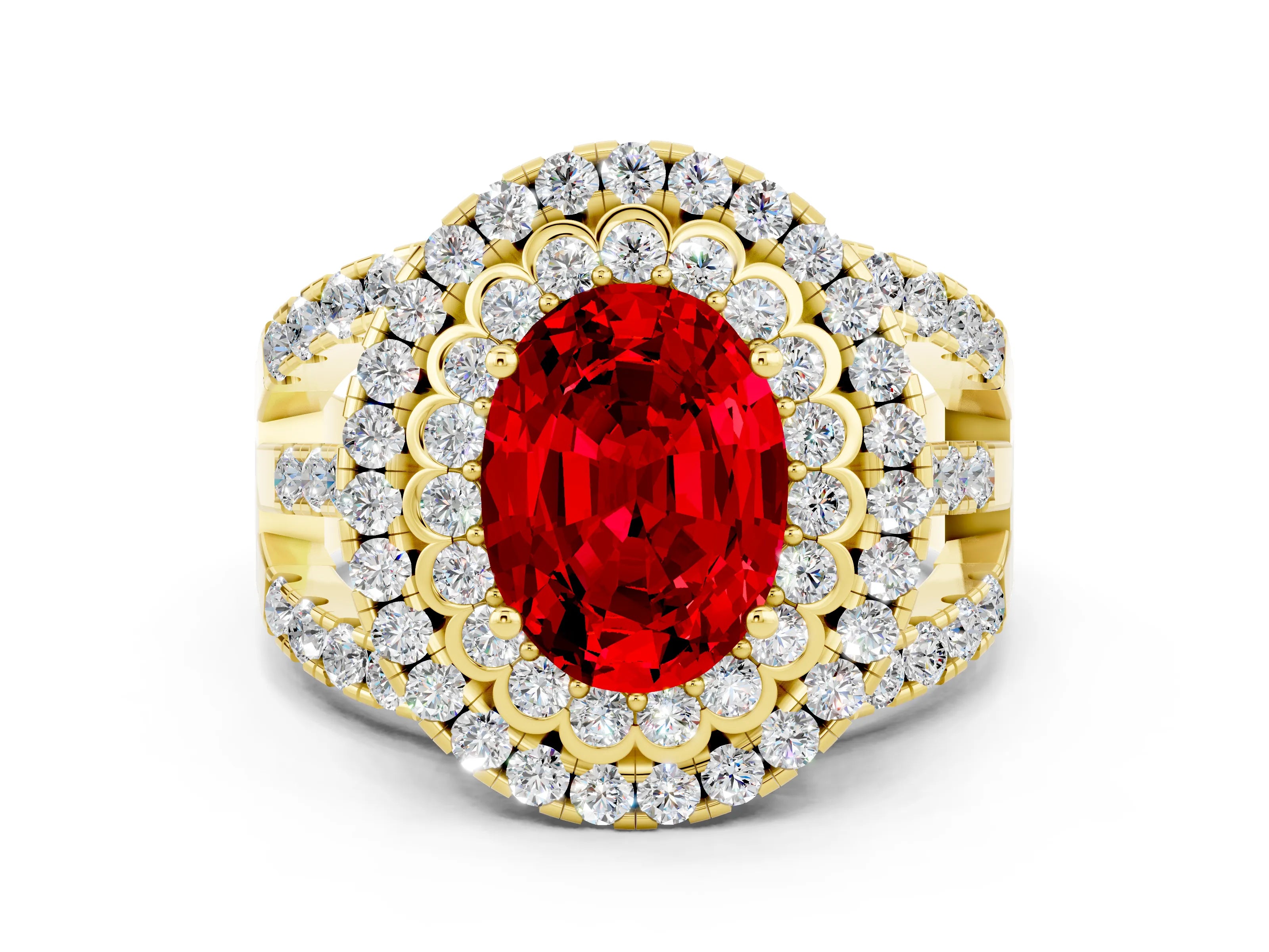Yellow gold Double Halo Oval Cut Diamond Split Shank Pave Set Ring