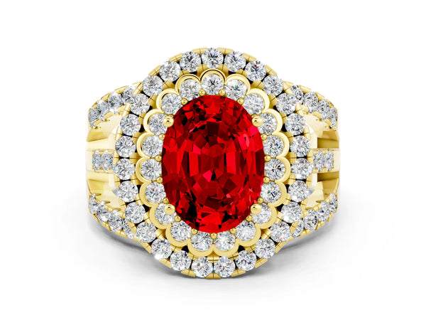 Yellow gold Double Halo Oval Cut Diamond Split Shank Pave Set Ring