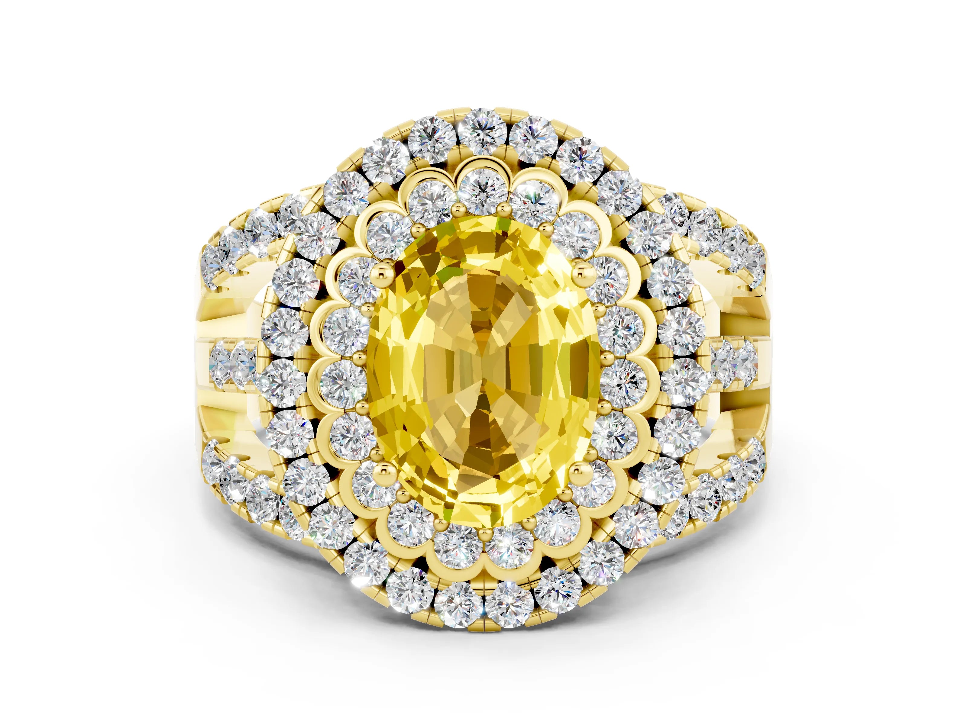 Yellow gold Double Halo Oval Cut Diamond Split Shank Pave Set Ring