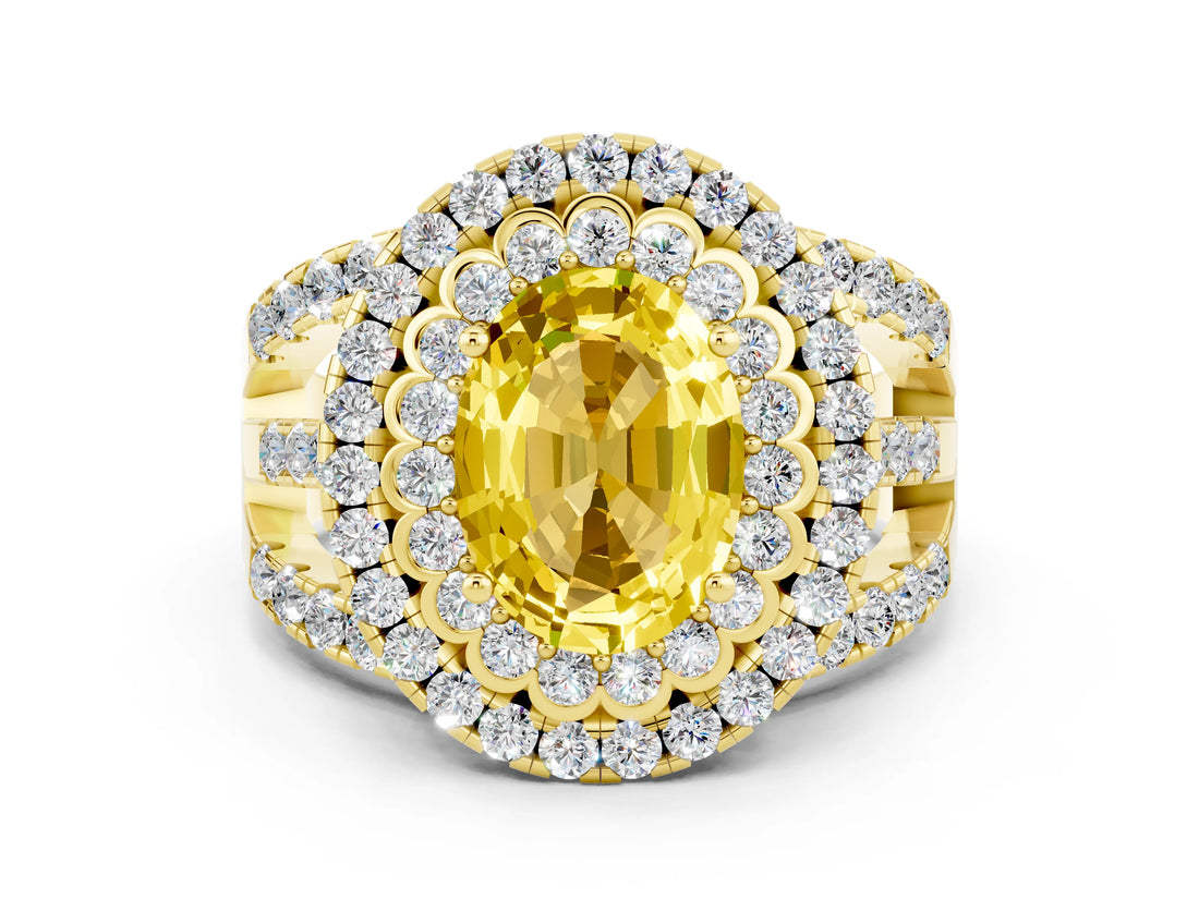 Yellow gold Double Halo Oval Cut Diamond Split Shank Pave Set Ring