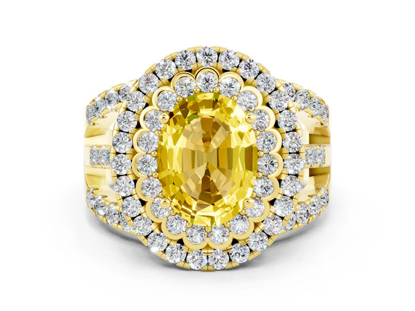 Yellow gold Oval Cut Yellow Sapphire Double Halo Ring with Round Pavé Split Shank and Prong Setting