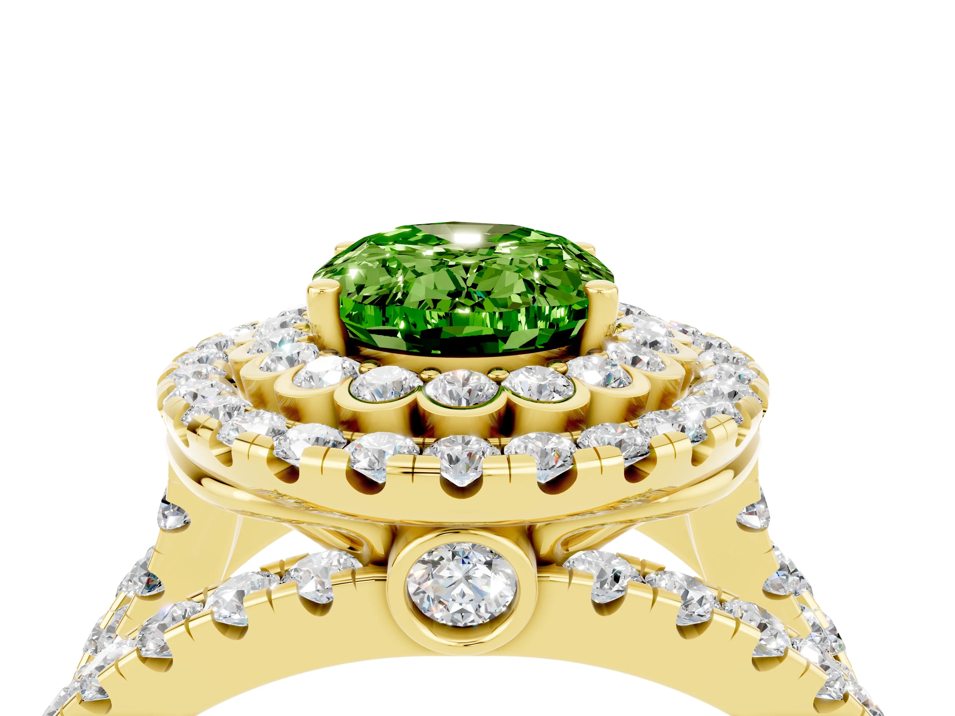 Yellow gold Double Halo Oval Cut Diamond Split Shank Pave Set Ring_4