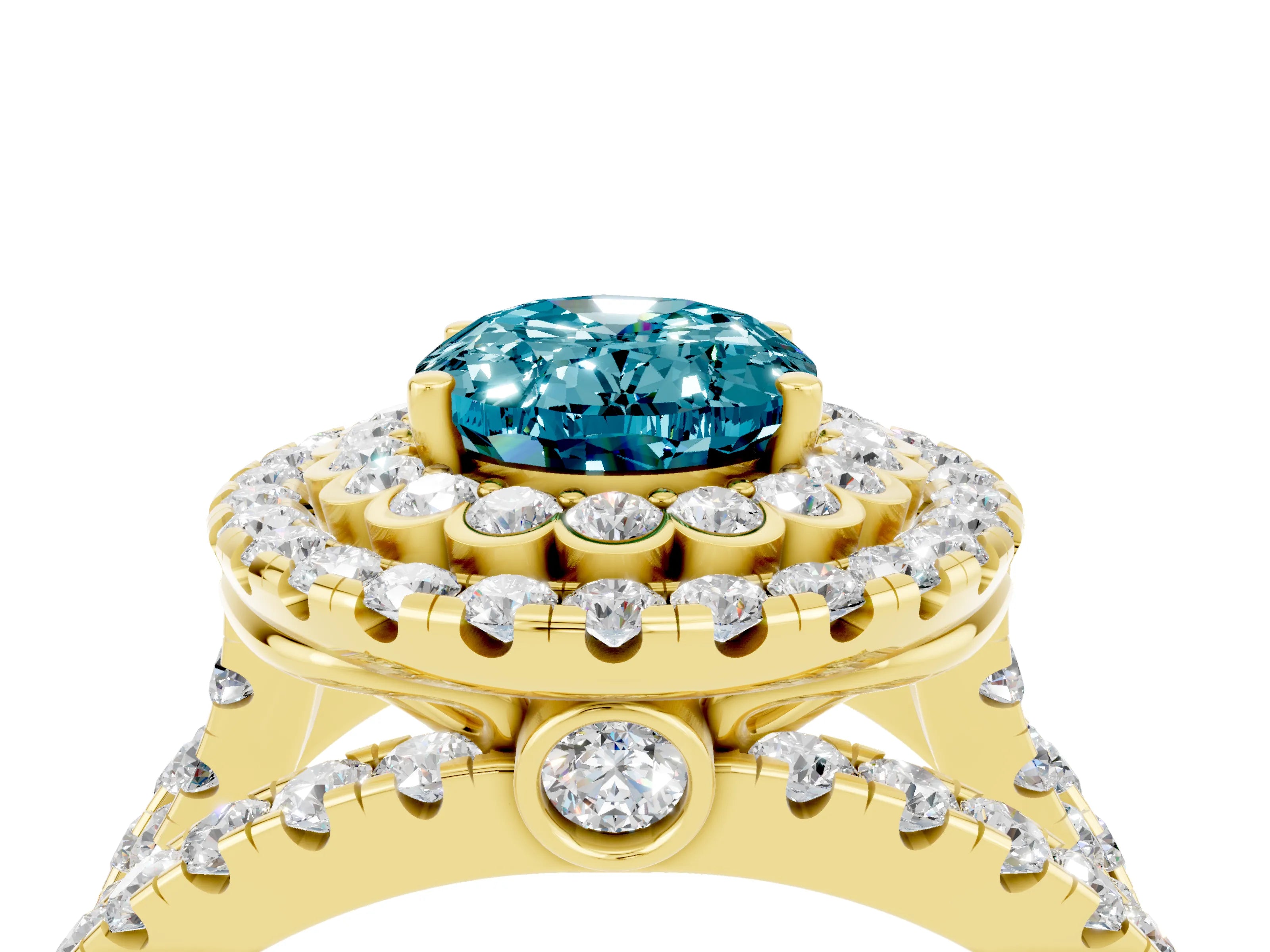 Yellow gold Double Halo Oval Cut Diamond Split Shank Pave Set Ring_4