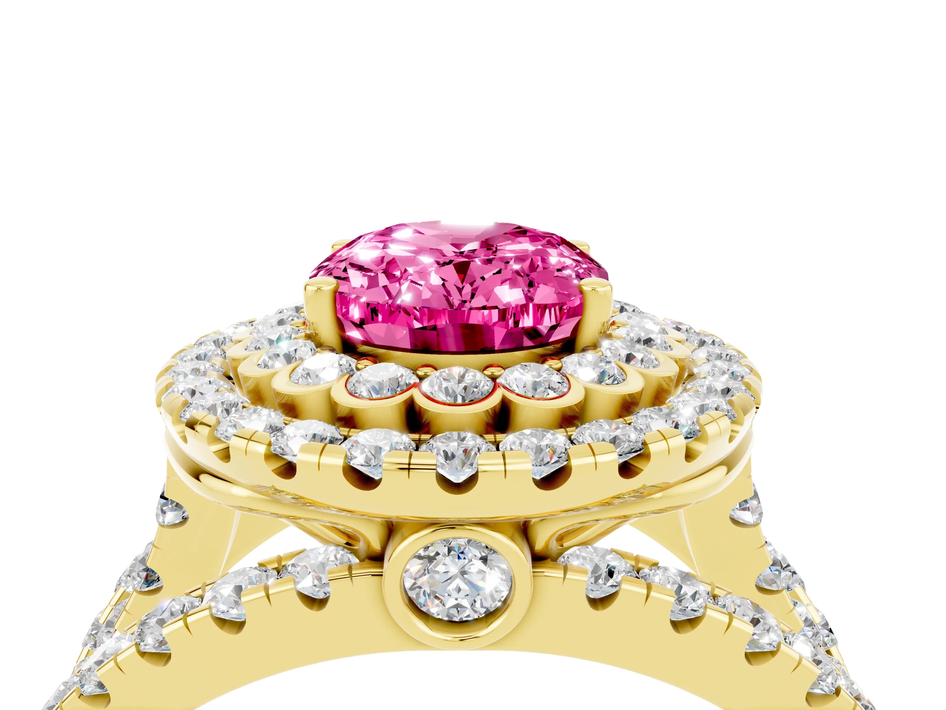 Yellow gold Double Halo Oval Cut Diamond Split Shank Pave Set Ring_4