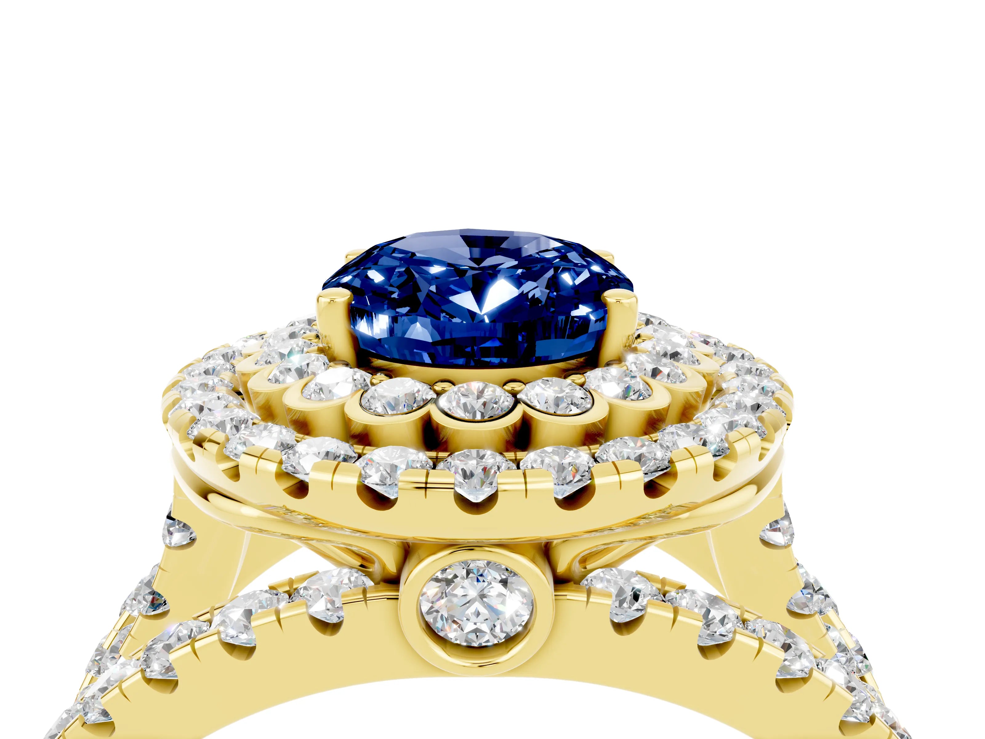Yellow gold Double Halo Oval Cut Diamond Split Shank Pave Set Ring_4