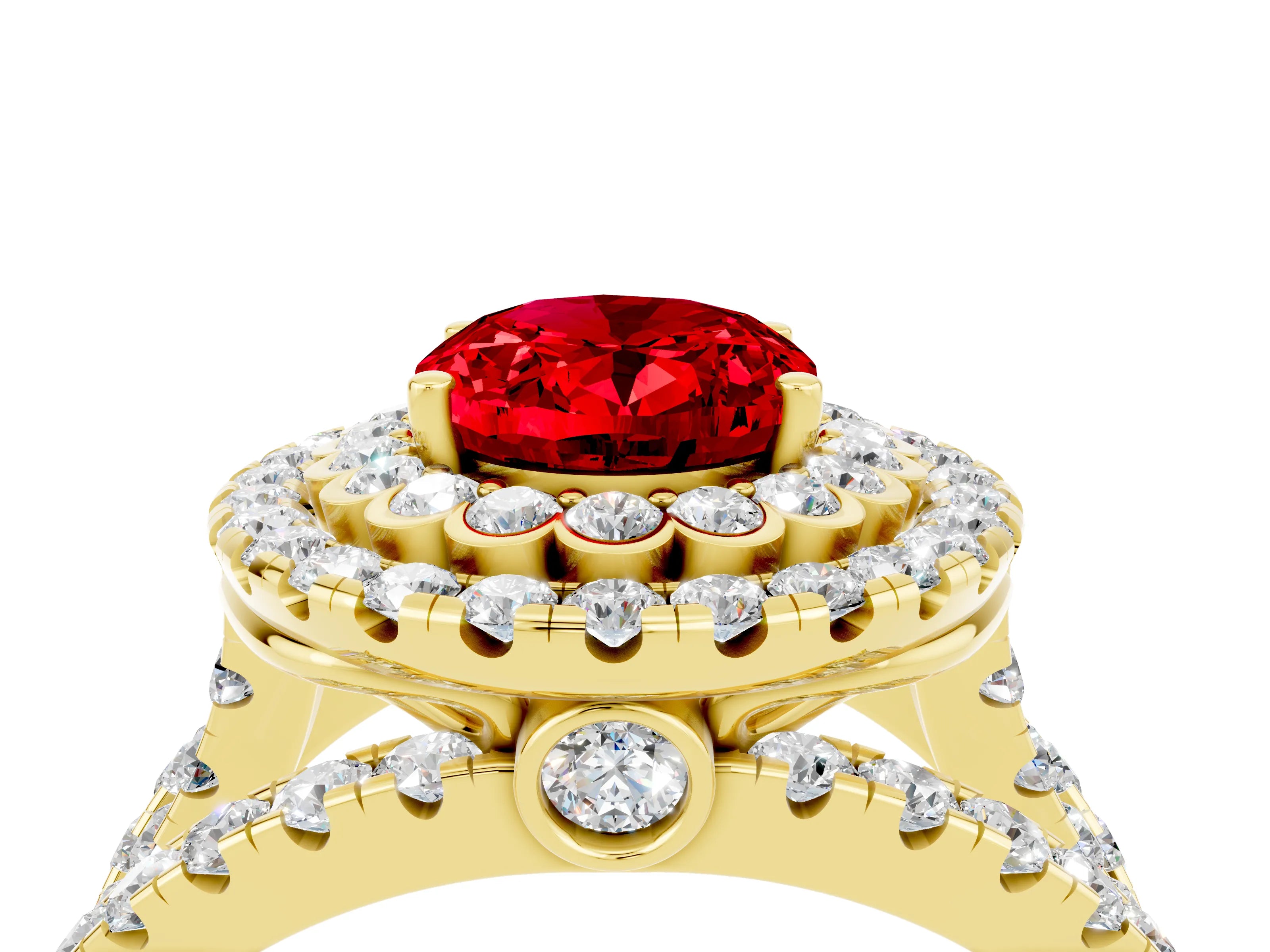 Yellow gold Double Halo Oval Cut Diamond Split Shank Pave Set Ring_4