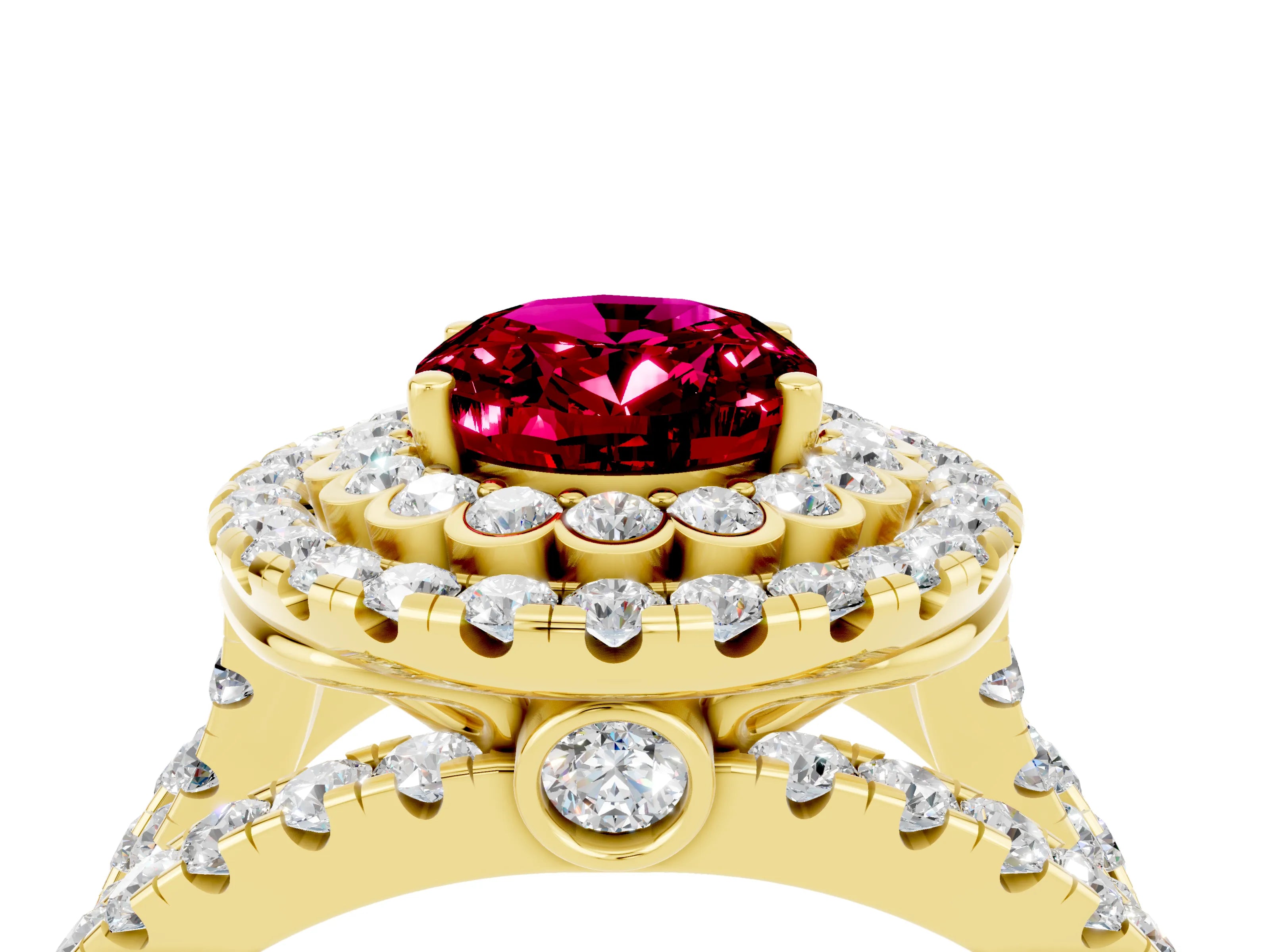 Yellow gold Double Halo Oval Cut Diamond Split Shank Pave Set Ring_4