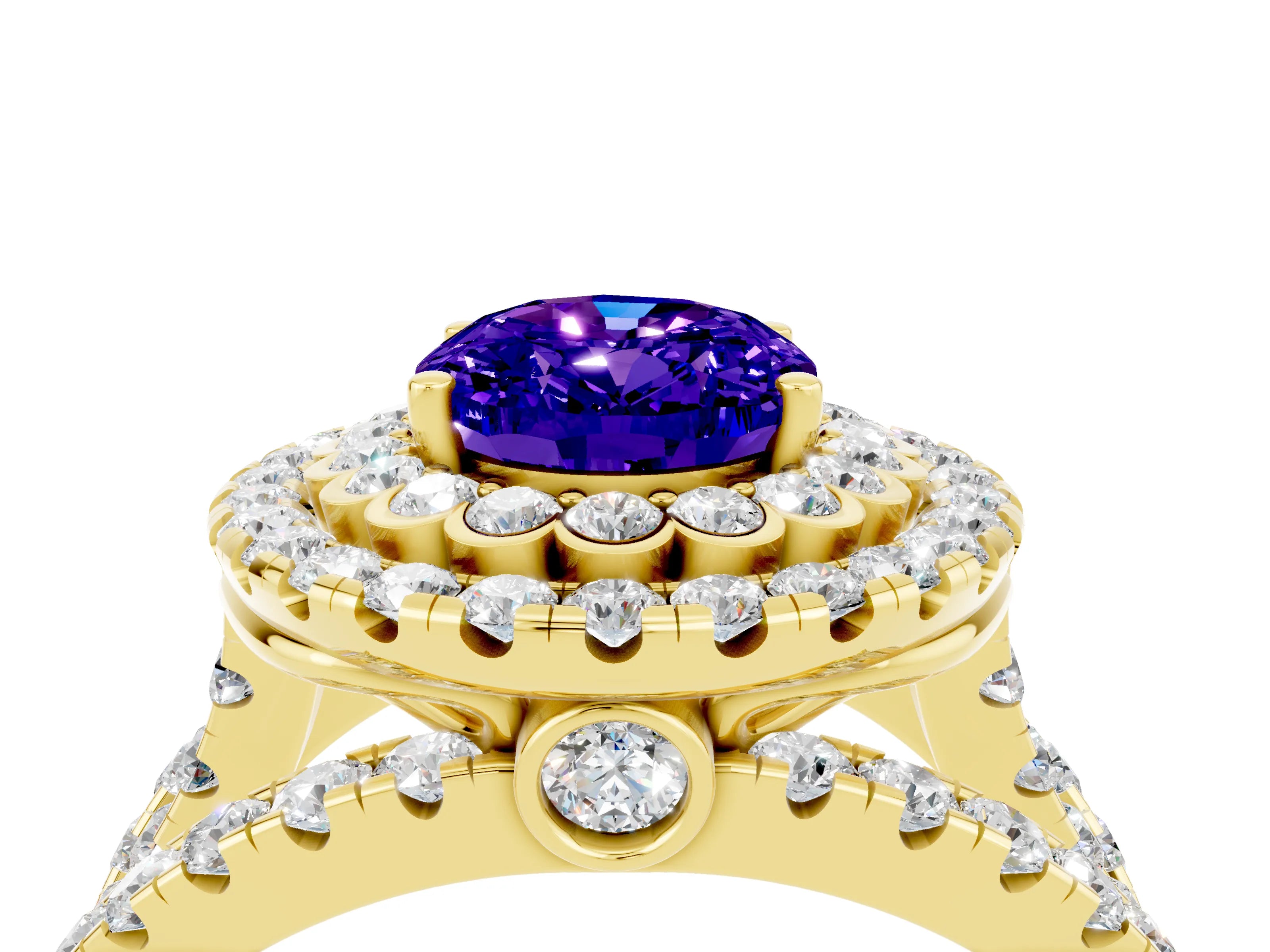 Yellow gold Double Halo Oval Cut Diamond Split Shank Pave Set Ring_4