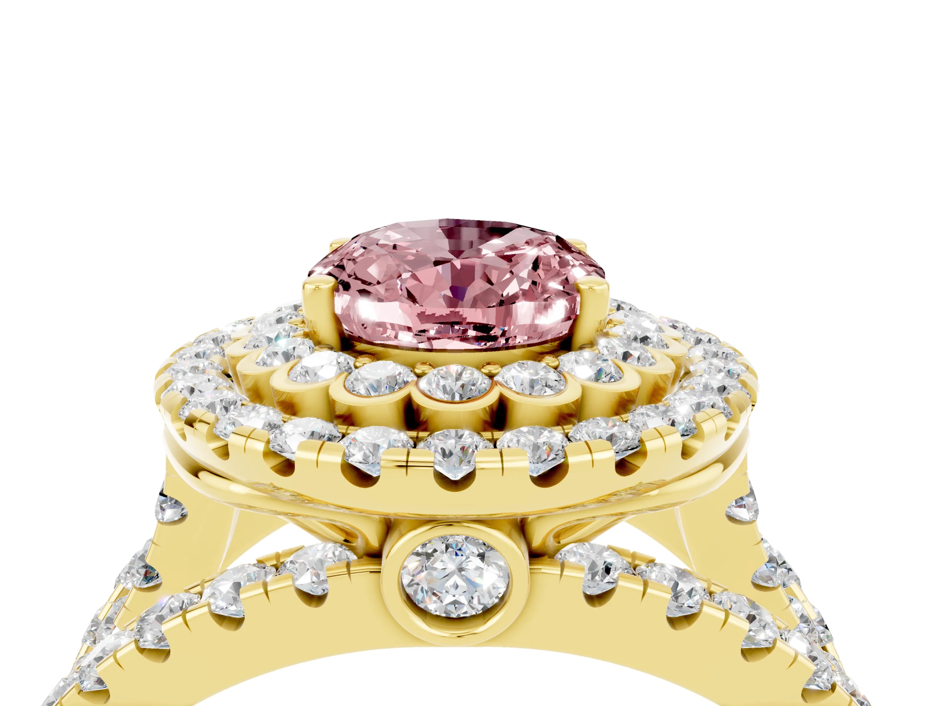 Yellow gold Double Halo Oval Cut Diamond Split Shank Pave Set Ring_4