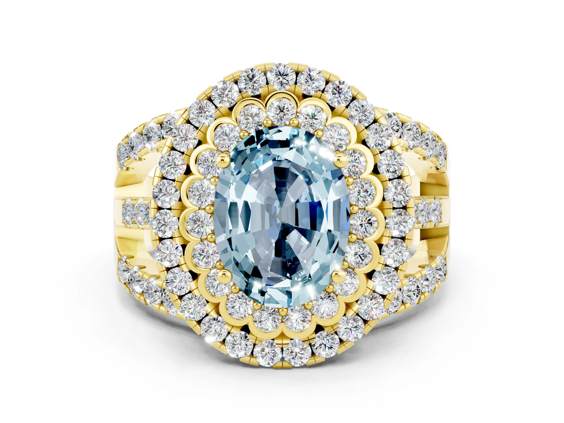 Yellow gold Double Halo Oval Cut Diamond Split Shank Pave Set Ring