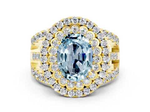 Yellow gold Double Halo Oval Cut Diamond Split Shank Pave Set Ring