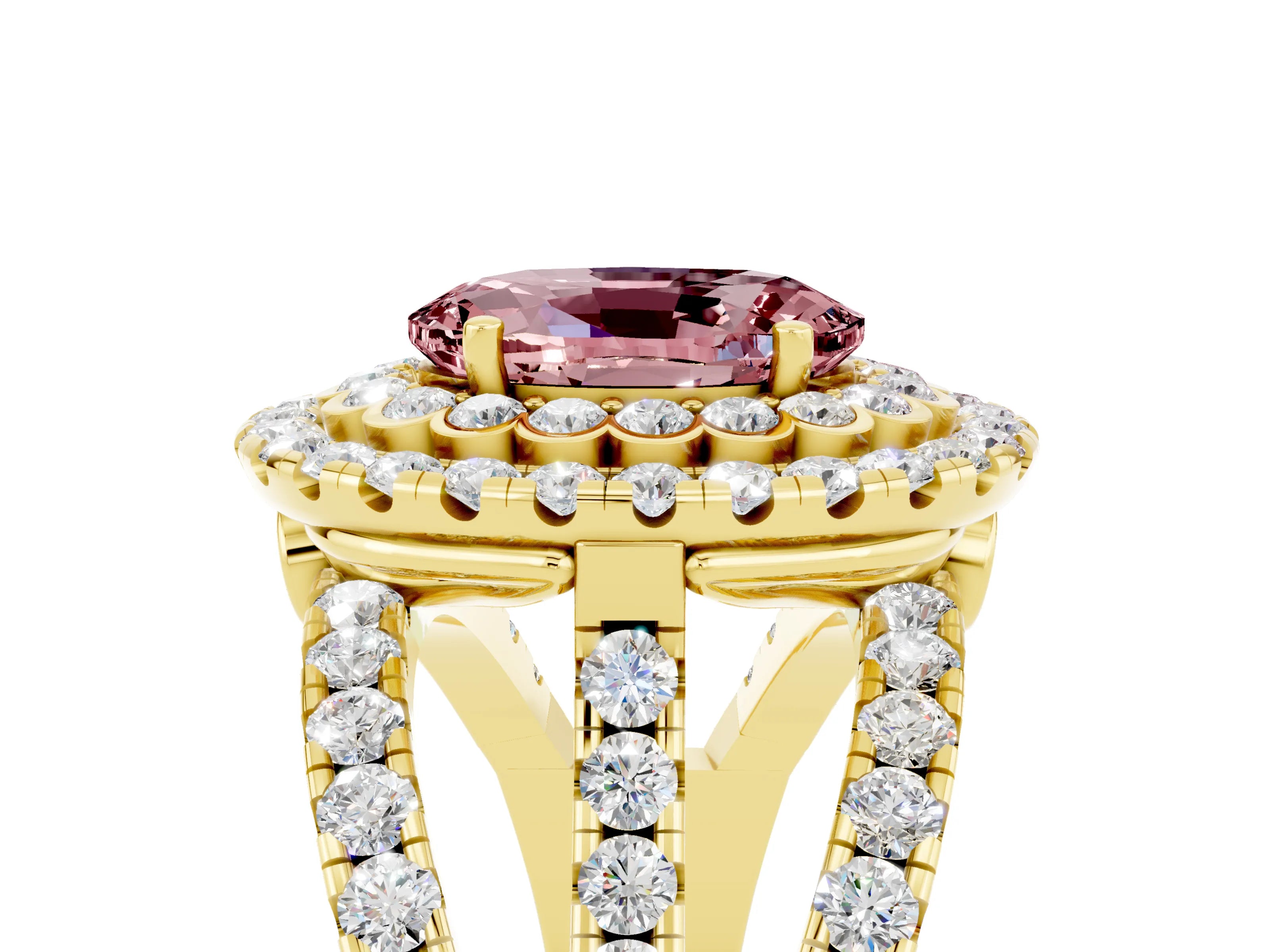 Yellow gold Double Halo Oval Cut Diamond Split Shank Pave Set Ring_5