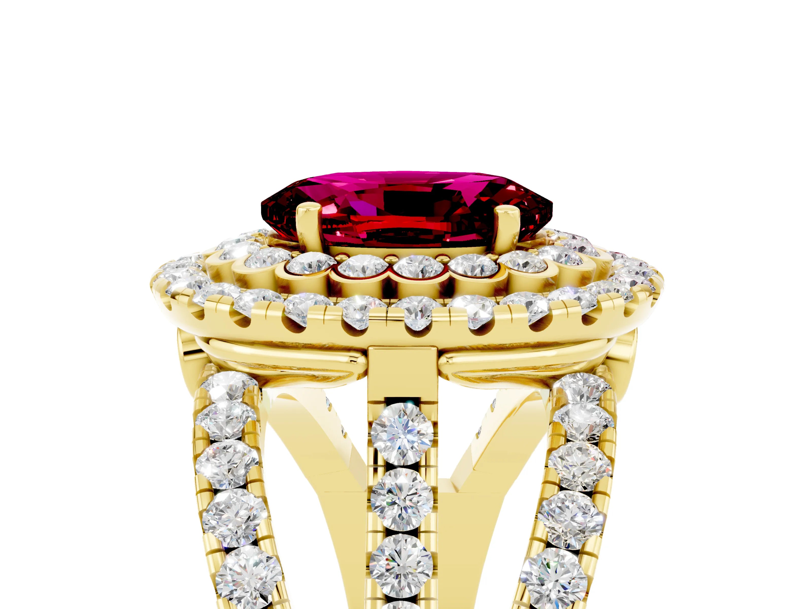 Yellow gold Double Halo Oval Cut Diamond Split Shank Pave Set Ring_5