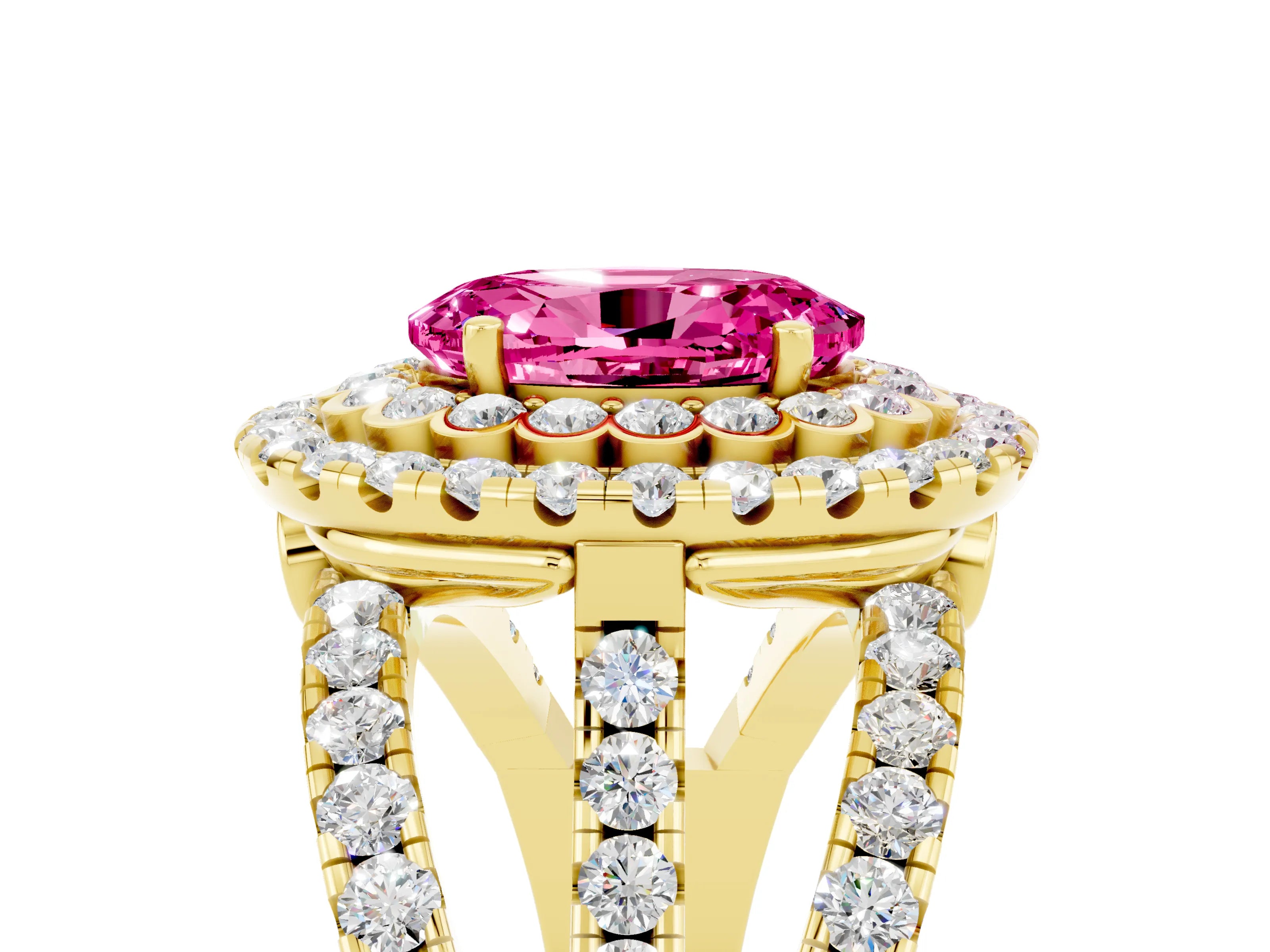 Yellow gold Double Halo Oval Cut Diamond Split Shank Pave Set Ring_5