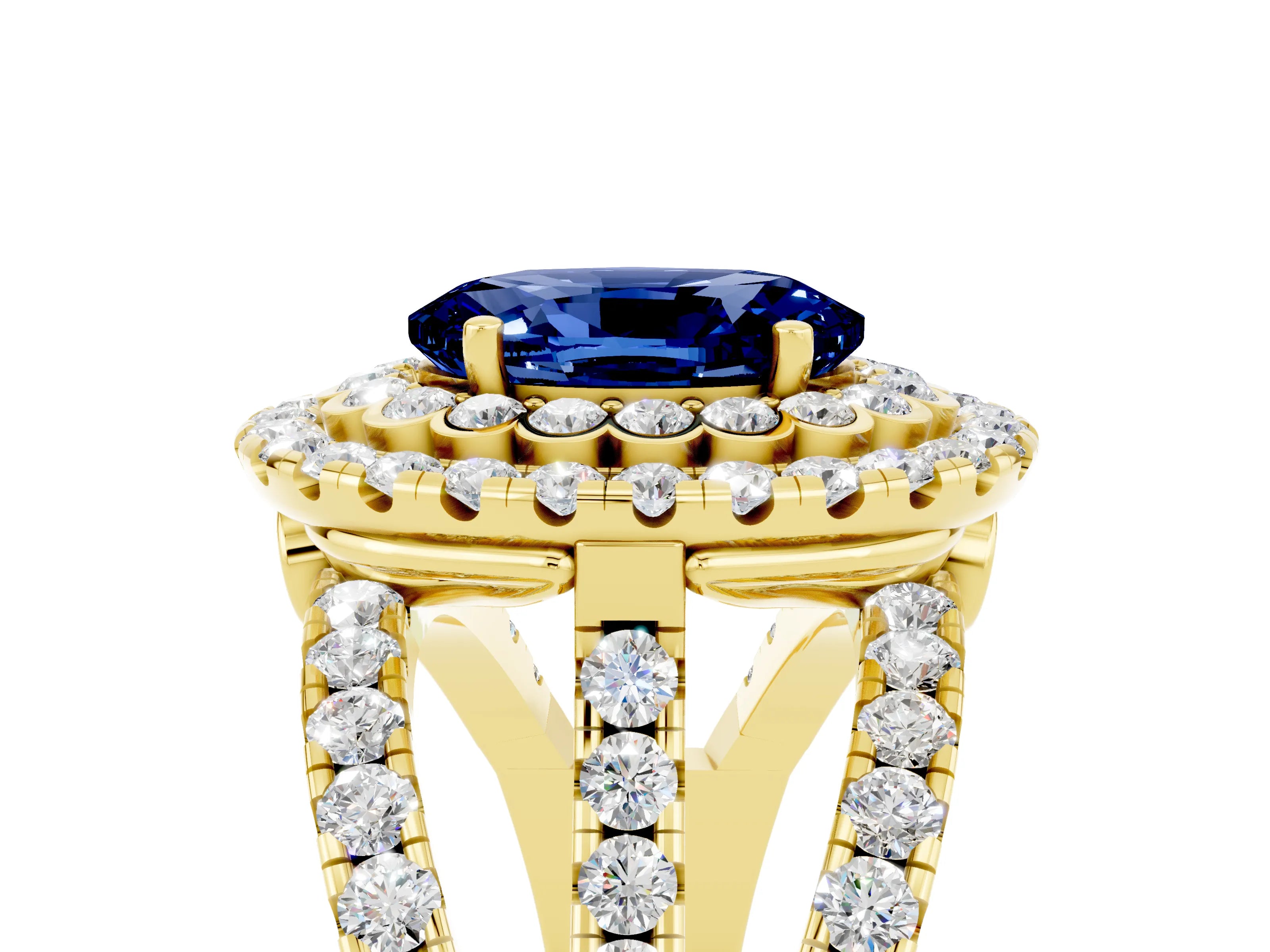 Yellow gold Double Halo Oval Cut Diamond Split Shank Pave Set Ring_5