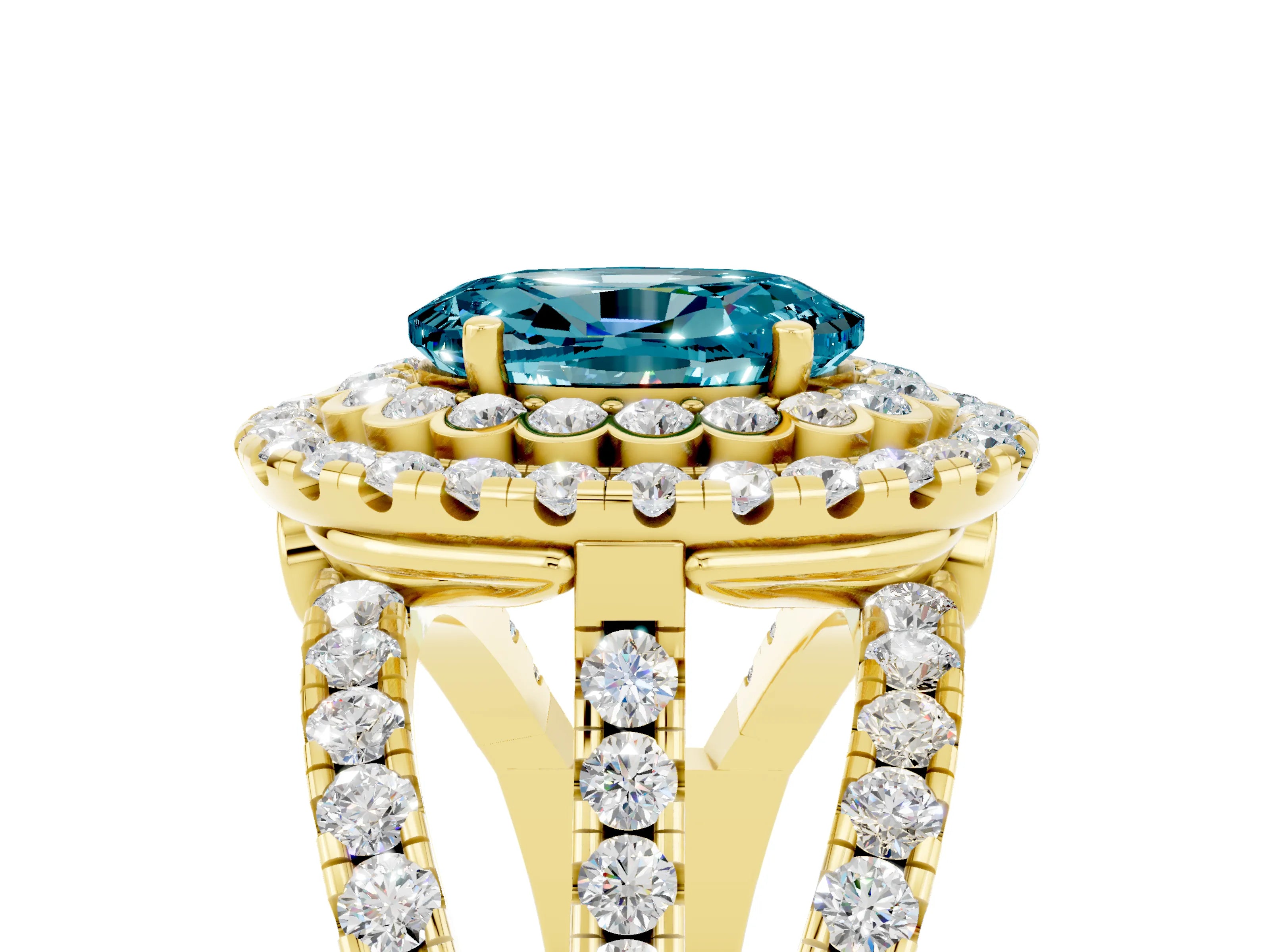 Yellow gold Double Halo Oval Cut Diamond Split Shank Pave Set Ring_5