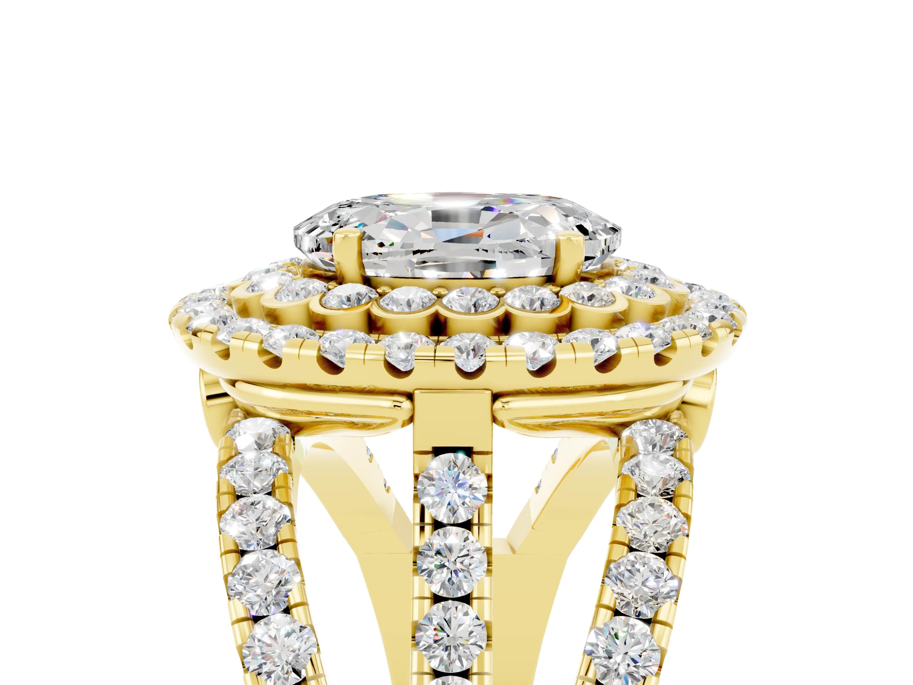 Yellow gold Double Halo Oval Cut Diamond Split Shank Pave Set Ring_5