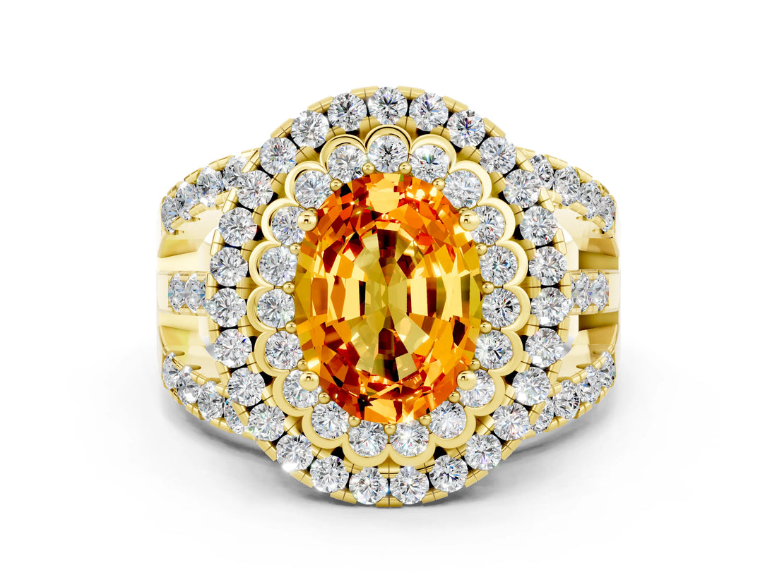 Yellow gold Double Halo Oval Cut Diamond Split Shank Pave Set Ring