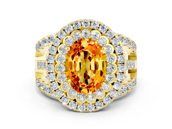 Yellow gold Oval Cut Citrine Double Halo Ring with Round Pavé Split Shank and Prong Setting