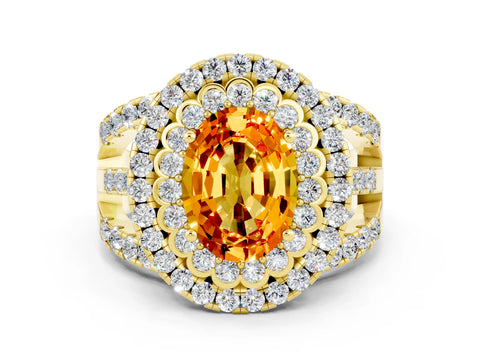 Yellow gold Double Halo Oval Cut Diamond Split Shank Pave Set Ring