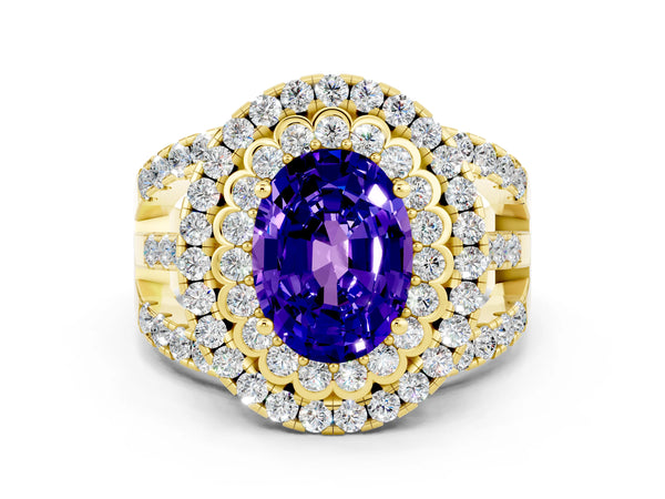 Yellow gold Oval Cut Tanzanite Double Halo Ring with Round Pavé Split Shank and Prong Setting