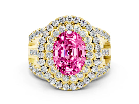 Yellow gold Double Halo Oval Cut Diamond Split Shank Pave Set Ring