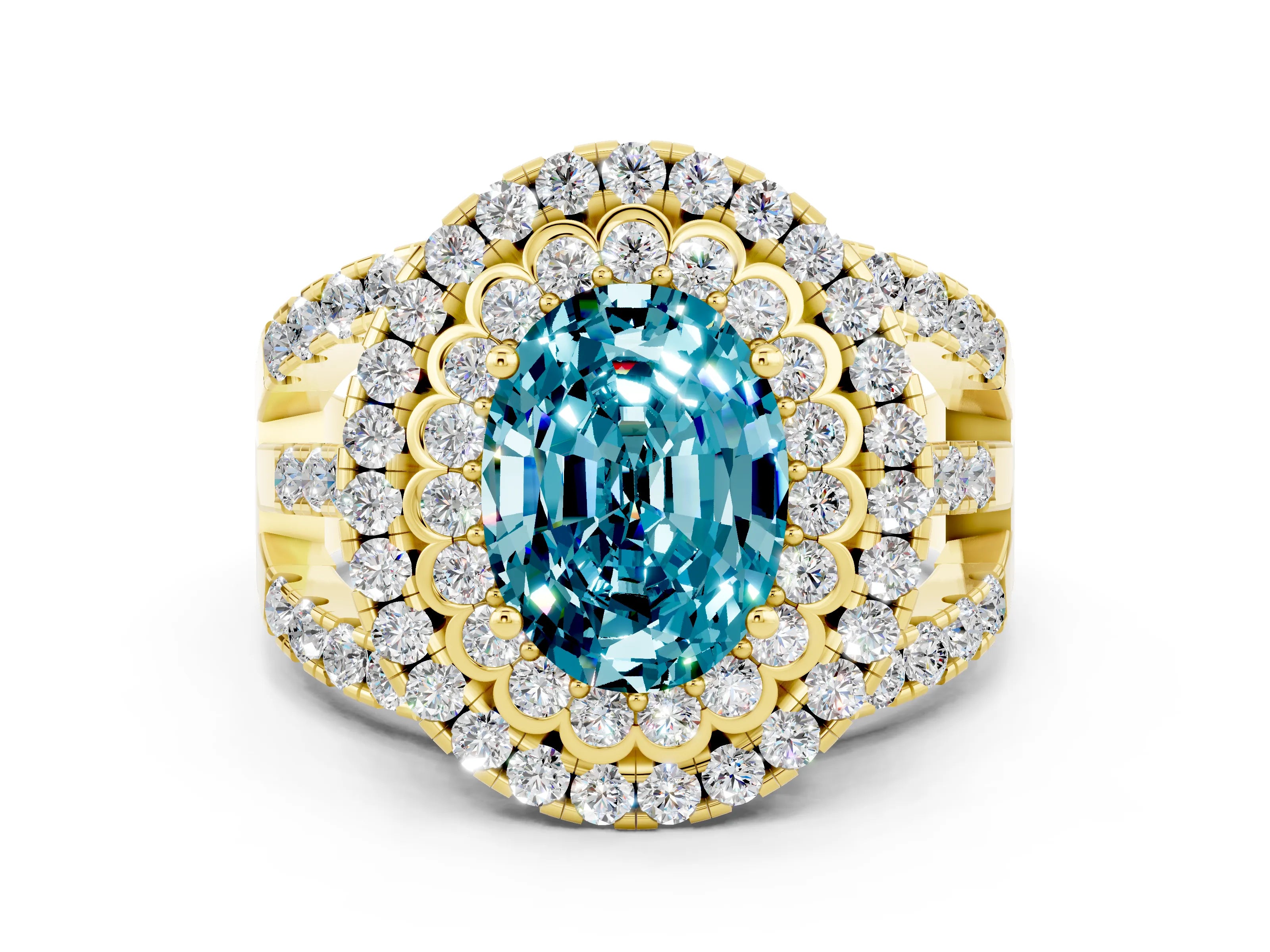 Yellow gold Double Halo Oval Cut Diamond Split Shank Pave Set Ring