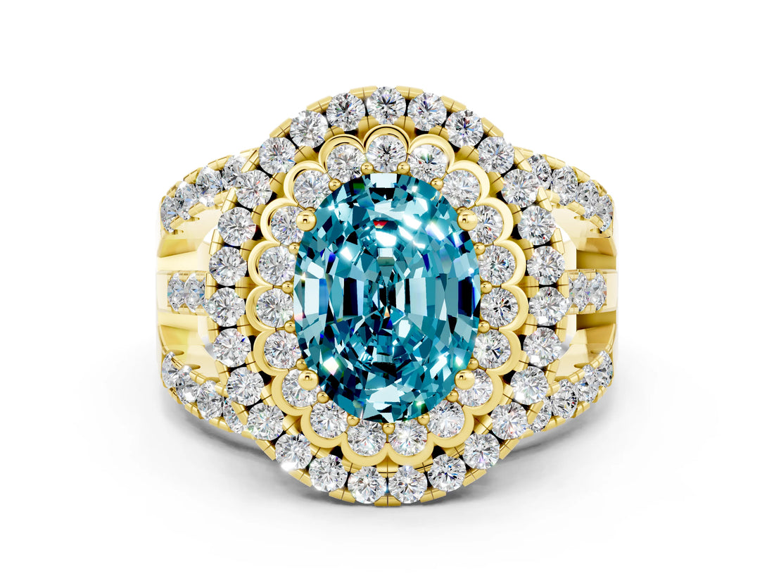 Yellow gold Double Halo Oval Cut Diamond Split Shank Pave Set Ring