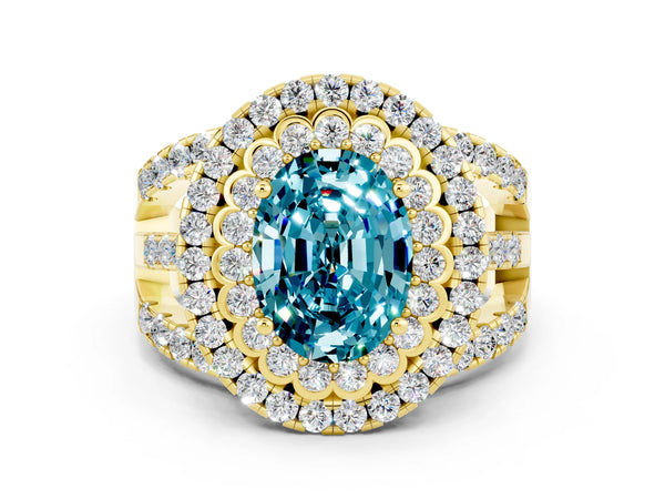 Yellow gold Double Halo Oval Cut Diamond Split Shank Pave Set Ring
