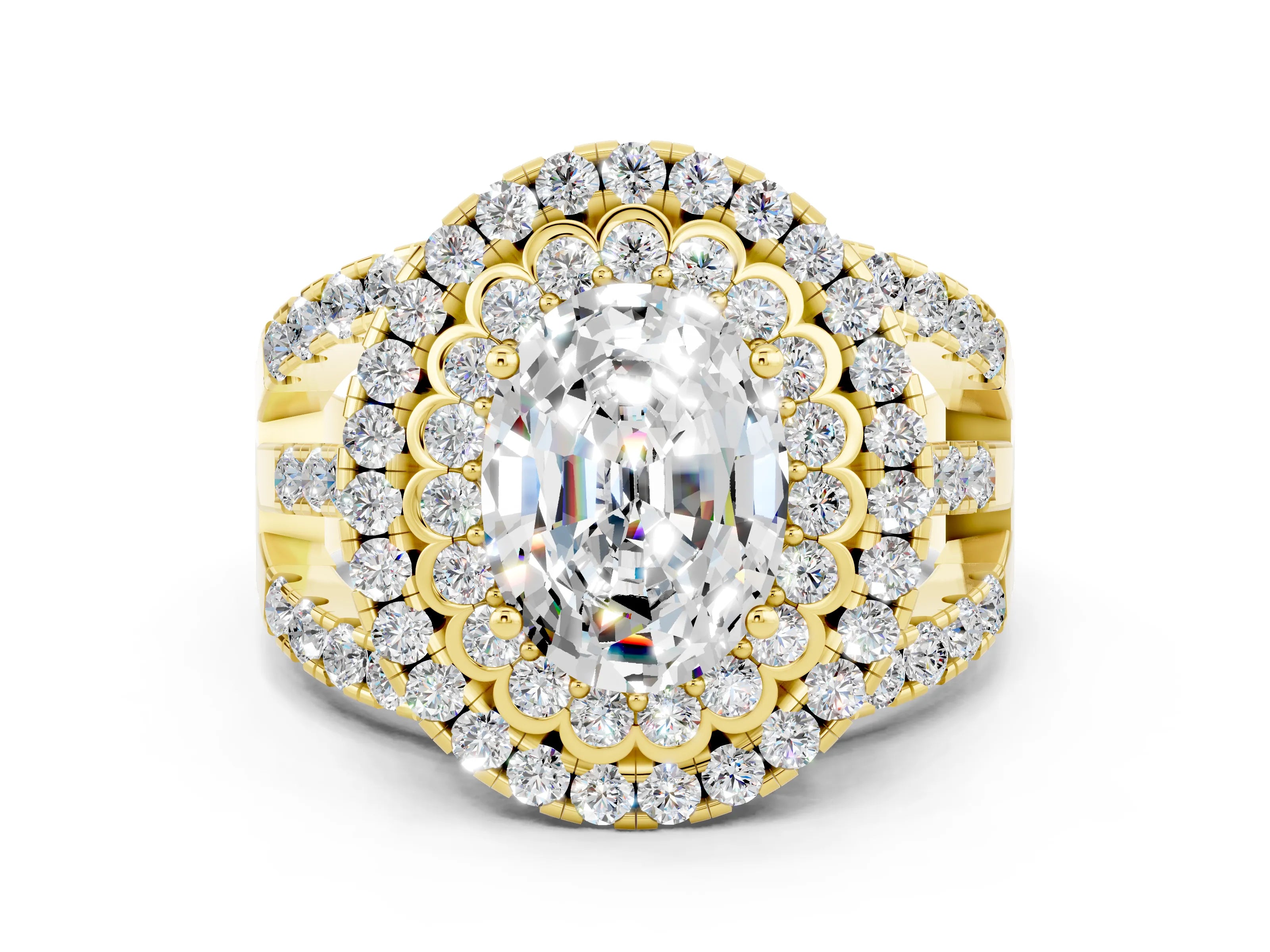 Yellow gold Double Halo Oval Cut Diamond Split Shank Pave Set Ring