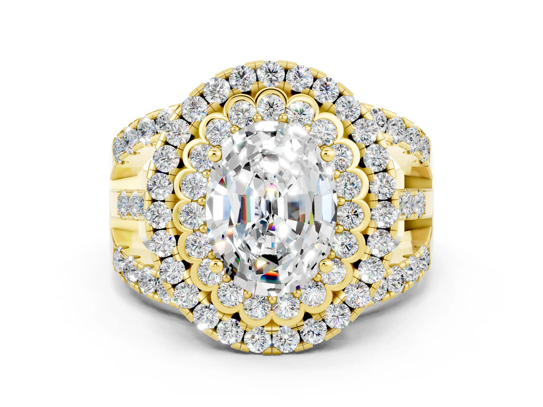 Yellow gold Double Halo Oval Cut Diamond Split Shank Pave Set Ring