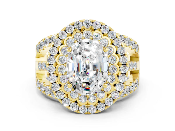 Yellow gold Oval Cut Moissanite Double Halo Ring with Round Pavé Split Shank and Prong Setting