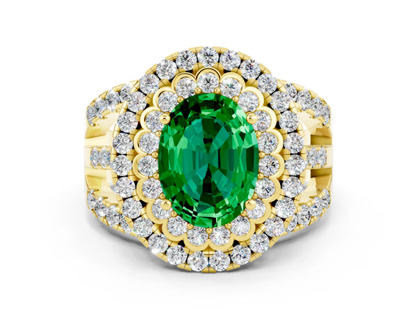 Yellow gold Oval Cut Emerald Double Halo Ring with Round Pavé Split Shank and Prong Setting