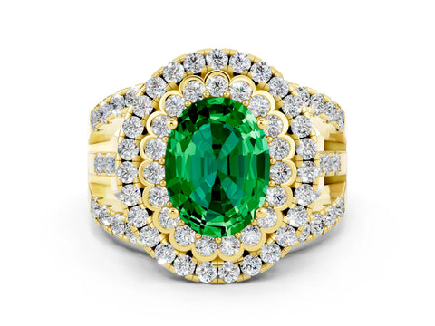 Yellow gold Double Halo Oval Cut Diamond Split Shank Pave Set Ring