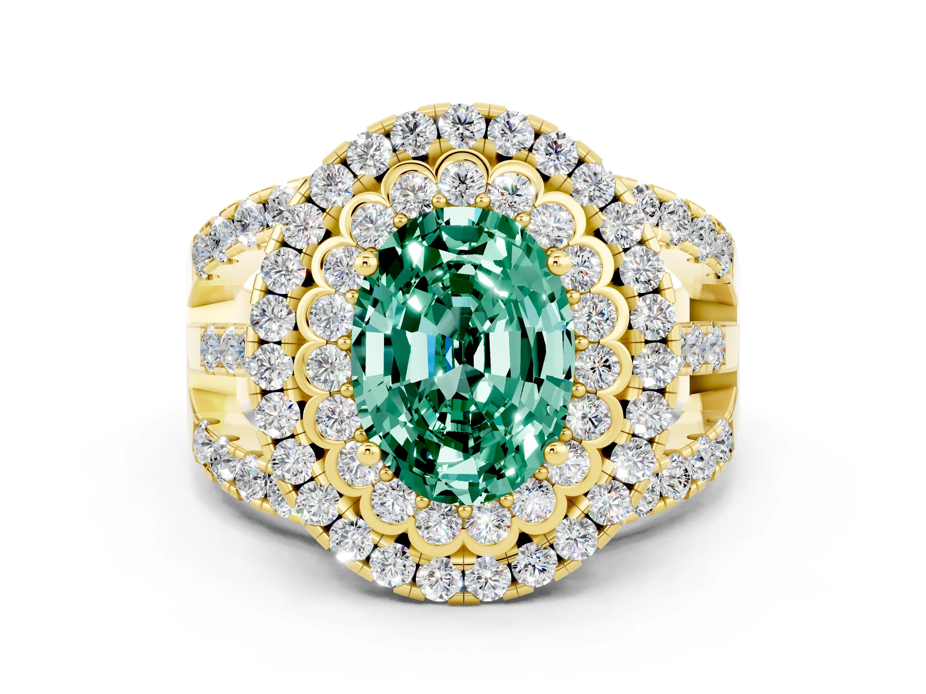 Yellow gold Double Halo Oval Cut Diamond Split Shank Pave Set Ring