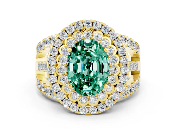 Yellow gold Oval Cut Green Sapphire Double Halo Ring with Round Pavé Split Shank and Prong Setting