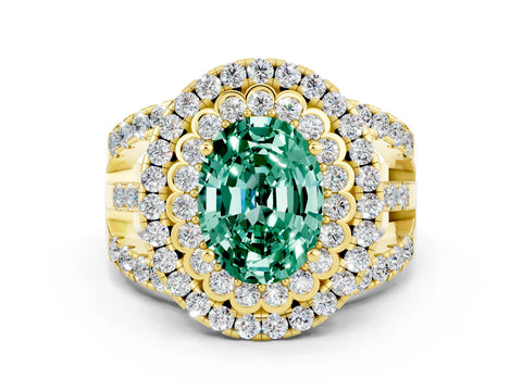 Yellow gold Double Halo Oval Cut Diamond Split Shank Pave Set Ring